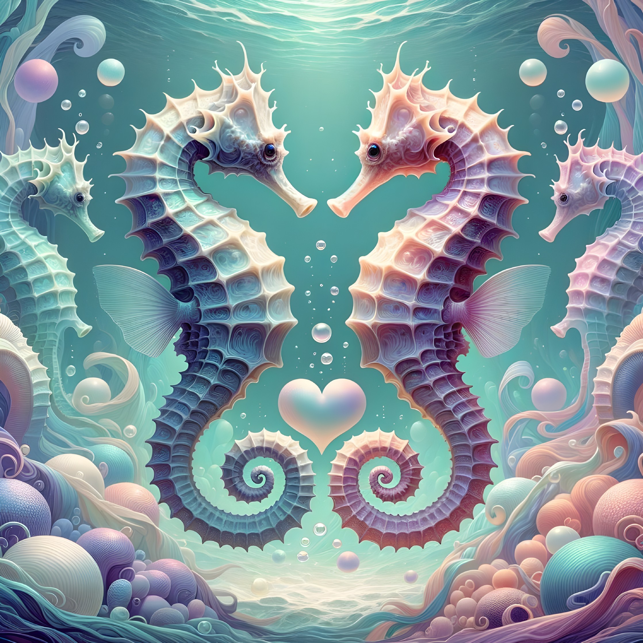 Entwined Seahorses in Dreamy Underwater Scene