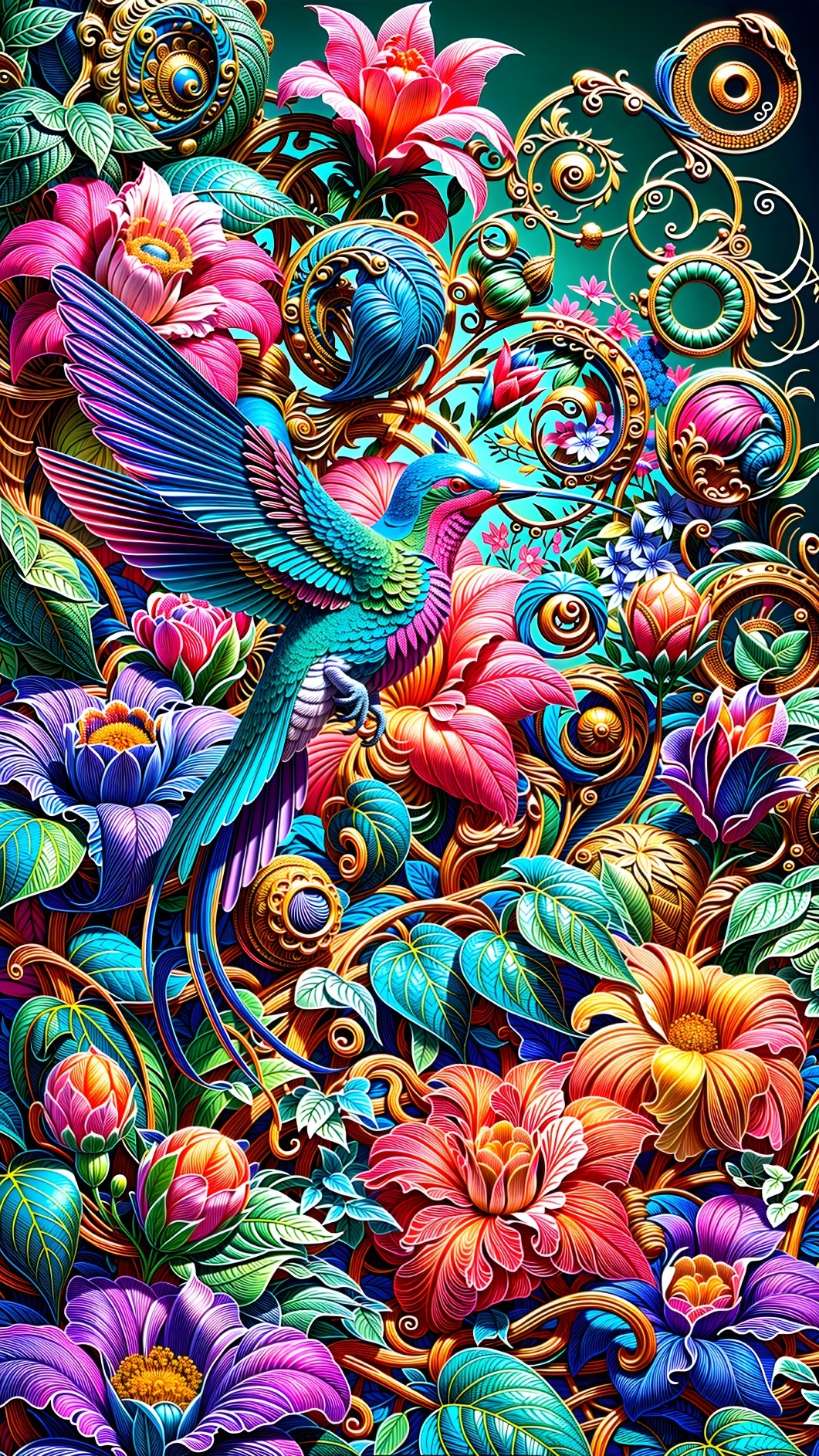 Colorful Bird Surrounded by Lush Flowers and Vines