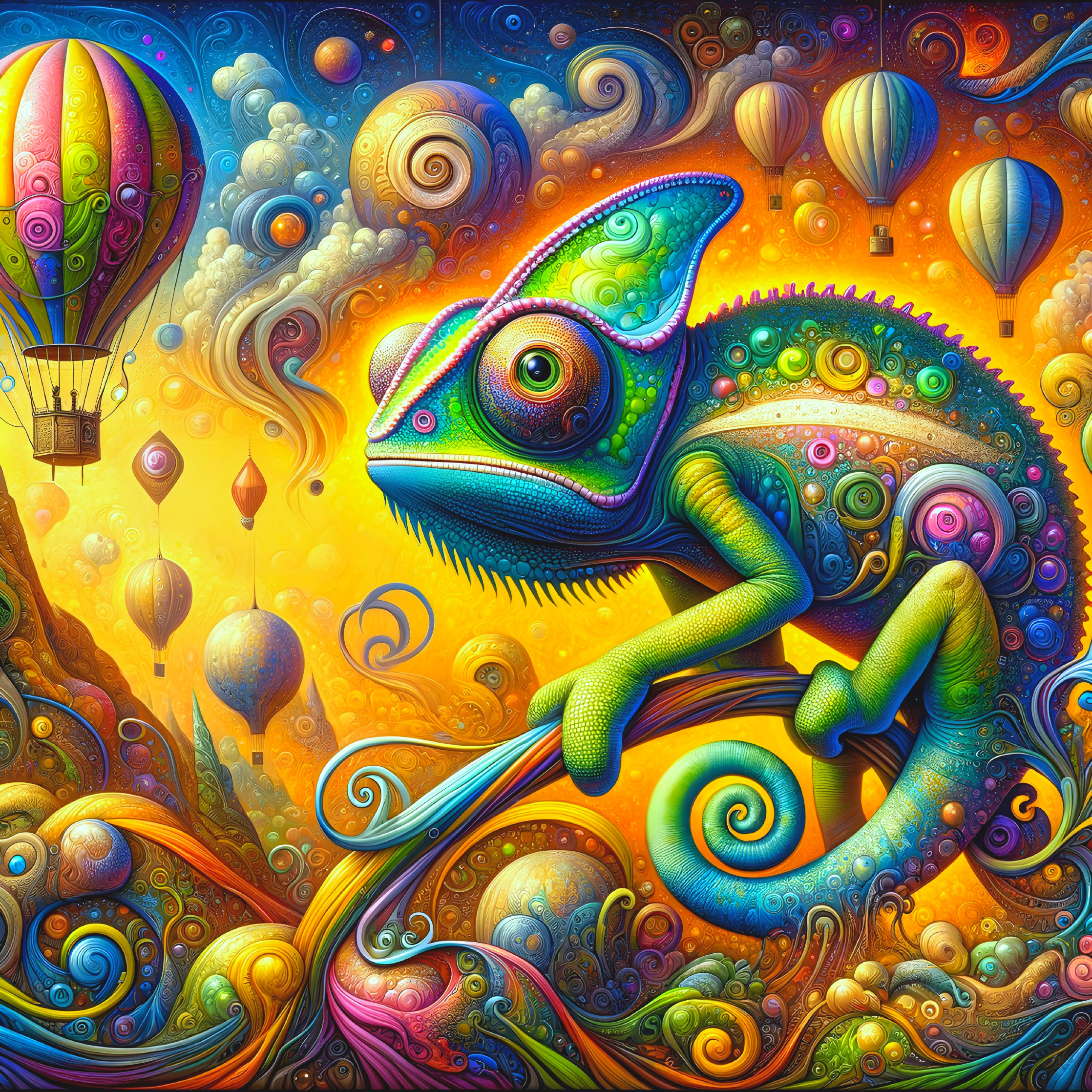 Surreal Artwork of a Colorful Chameleon and Balloons