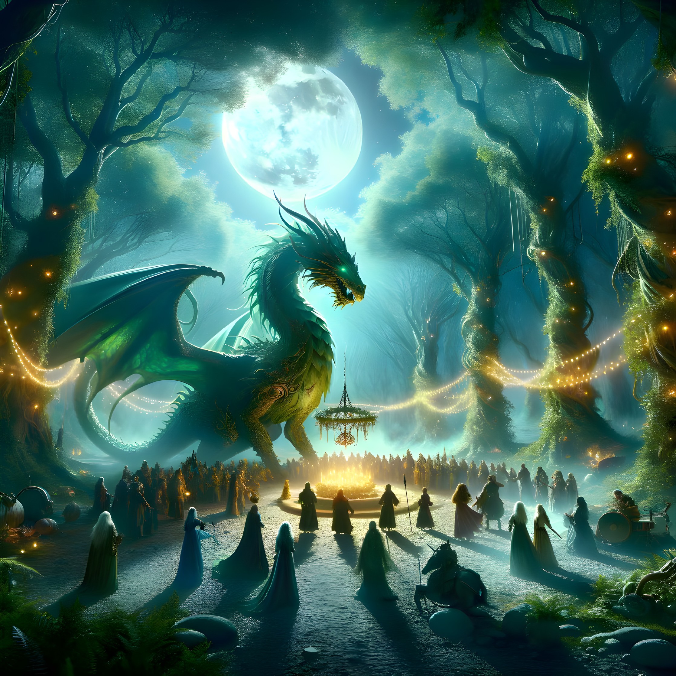 Majestic dragon and robed figures in moonlit forest gathering