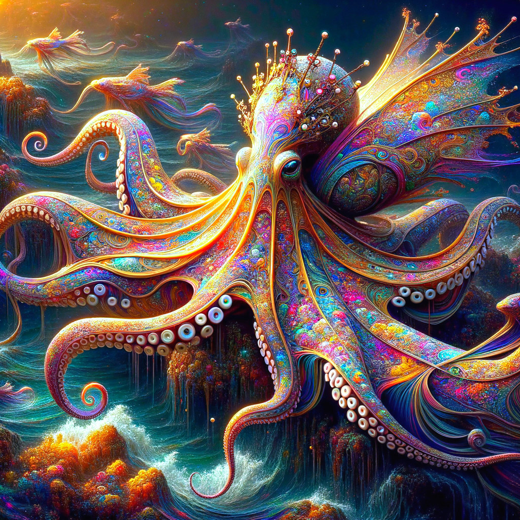 Surreal Underwater Scene with Colorful Octopus and Fish