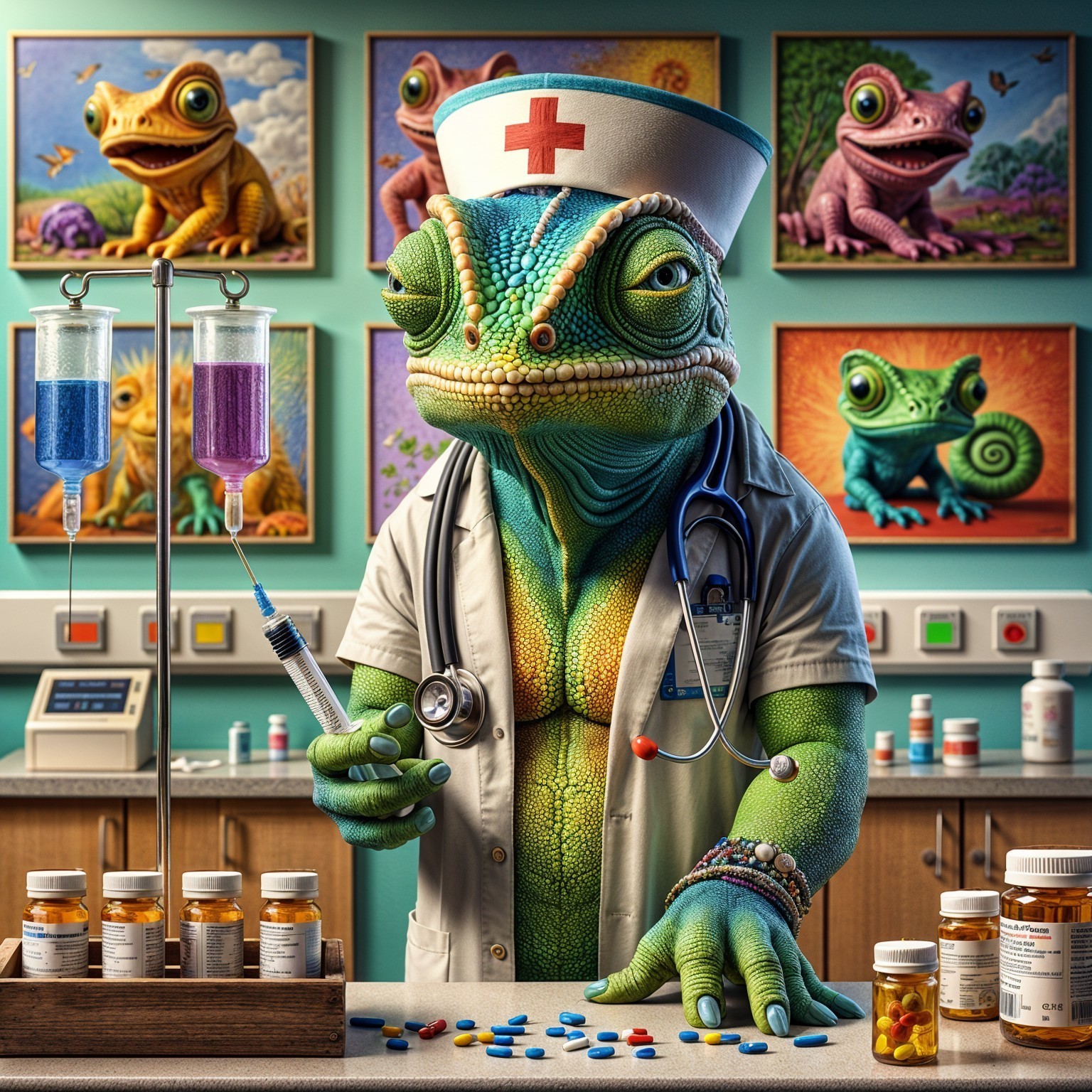 Chameleon Nurse in a Colorful Clinic Setting
