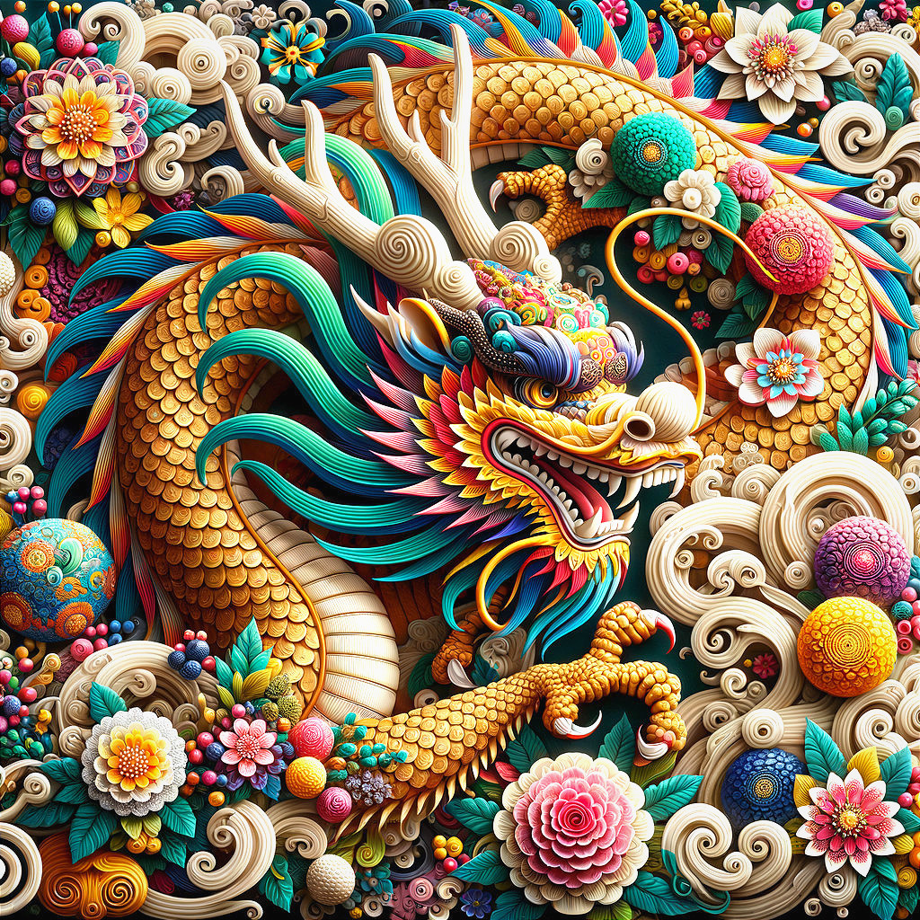 Colorful Chinese Dragon Illustration with Flowers and Clouds