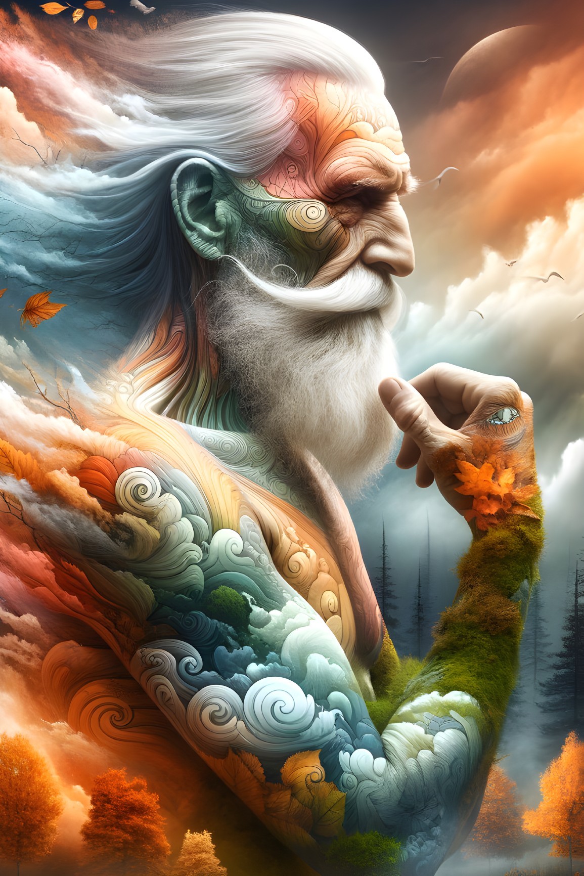 Elderly figure with nature-inspired features and backdrop