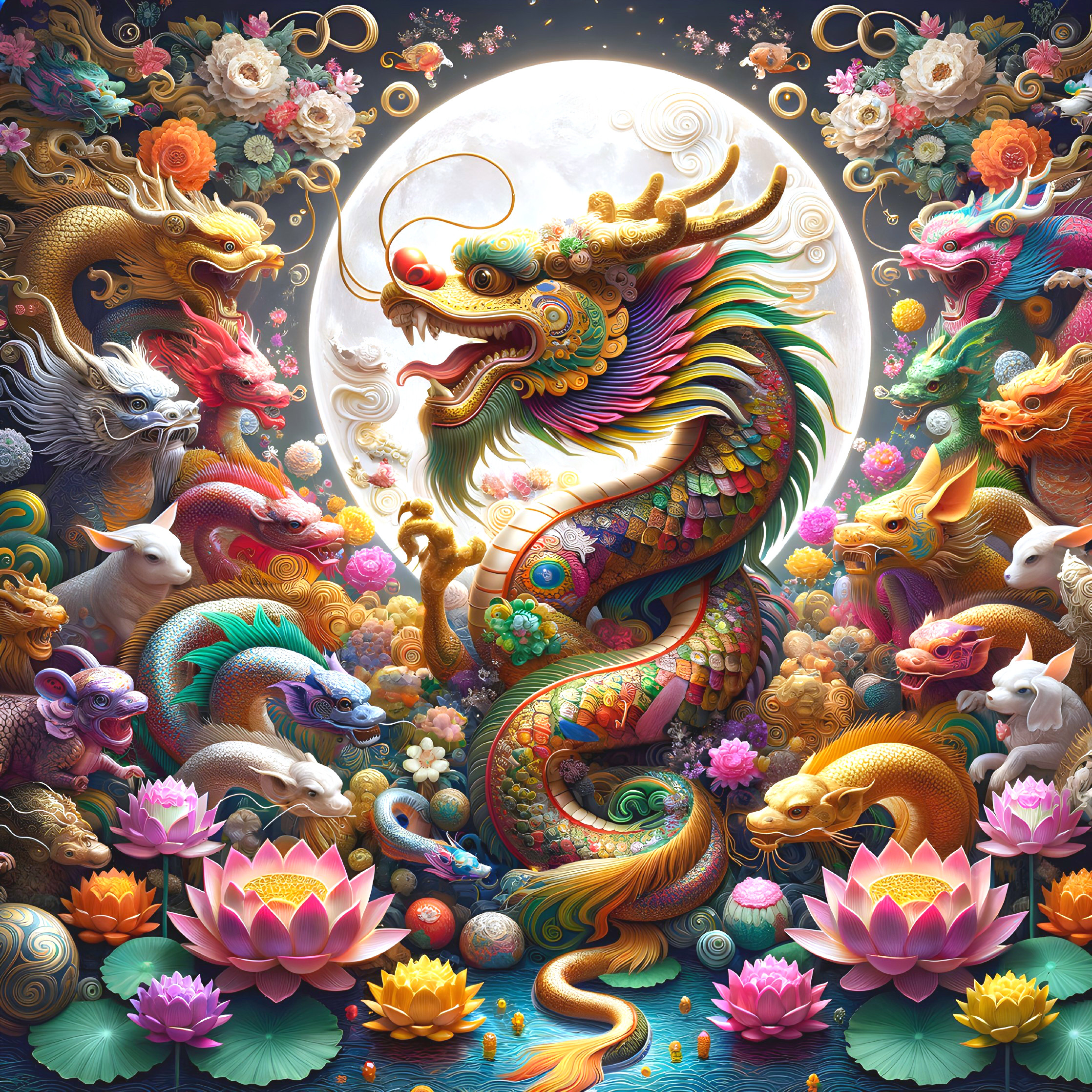 Colorful Illustration of a Mythical Dragon and Nature