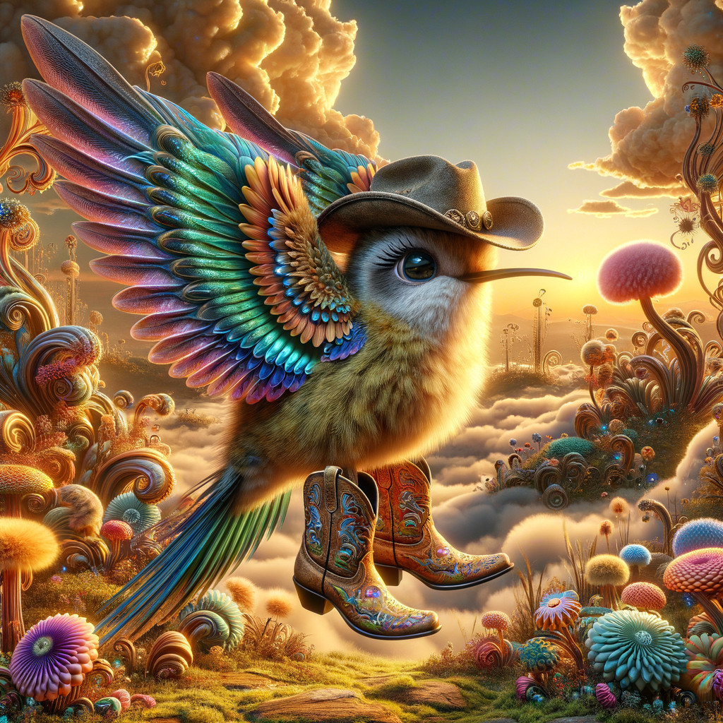 Whimsical Bird with Iridescent Wings on a Cloud