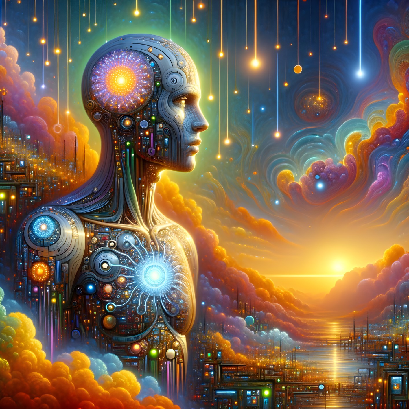 Colorful robotic humanoid profile against futuristic cityscape at sunset
