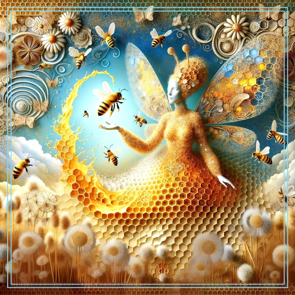 Whimsical Fairy Figure Surrounded by Nature and Bees