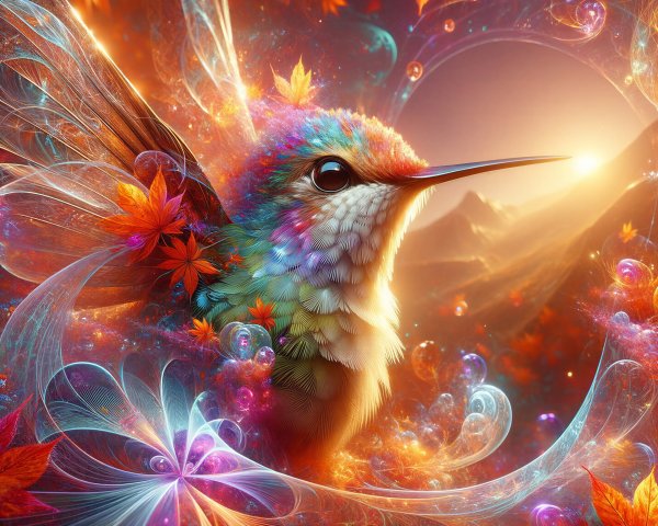 Surreal Hummingbird Amid Colorful Leaves and Swirls