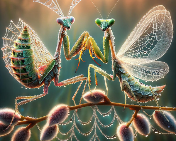 Intricate Praying Mantises on a Branch with Dewdrops