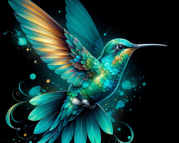 Vibrant Hummingbird with Colorful Feathers on Black Background
