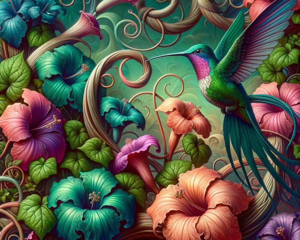 Vibrant Tapestry of Tropical Flora and Hummingbird