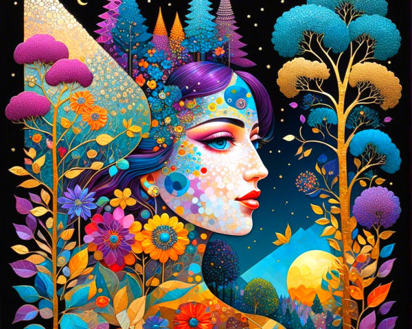 Colorful Portrait of a Woman Intertwined with Nature