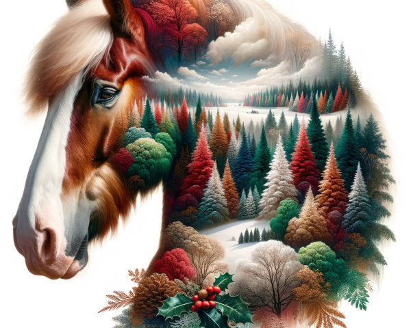 Majestic Horse Head in Vibrant Winter Forest Tapestry
