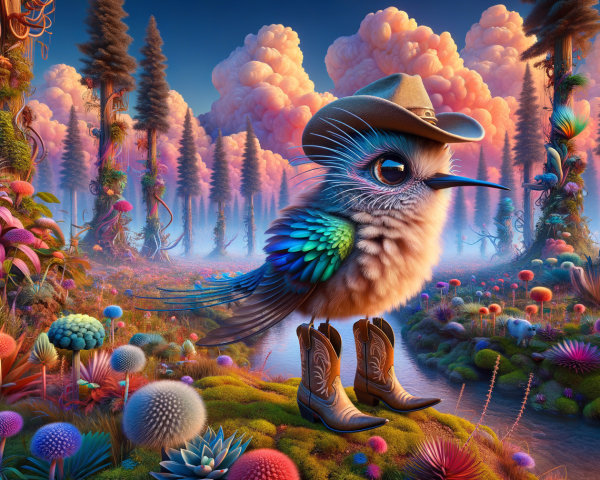 Fluffy Bird in Cowboy Hat Among Surreal Flora