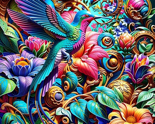Colorful Bird Surrounded by Lush Flowers and Vines