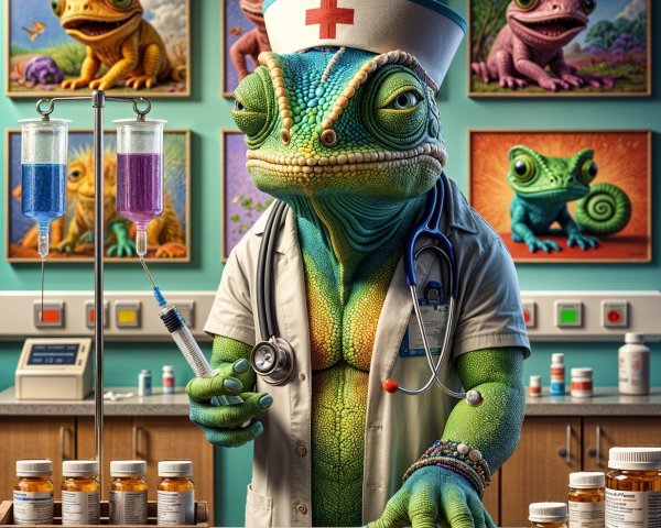 Chameleon Nurse in a Colorful Clinic Setting