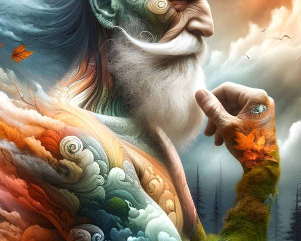 Elderly figure with nature-inspired features and backdrop