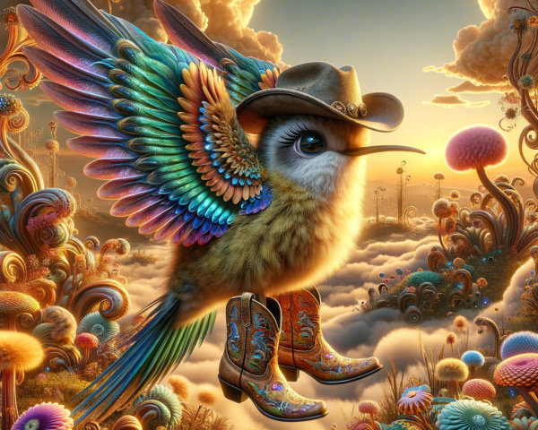 Whimsical Bird with Iridescent Wings on a Cloud