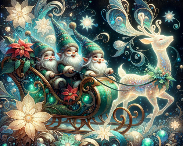 Gnomes in Ornate Sleigh Under Starry Holiday Sky