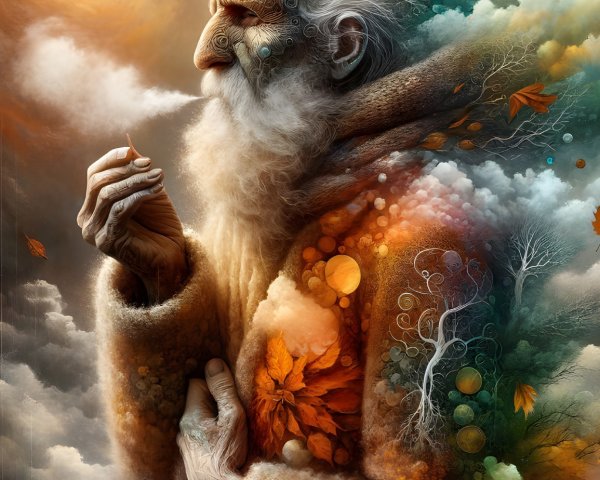 Elderly Figure in Nature with Colorful Swirls