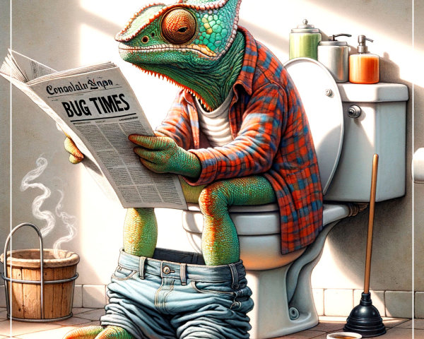 Cartoon Chameleon on Toilet Reading Bug Times Newspaper