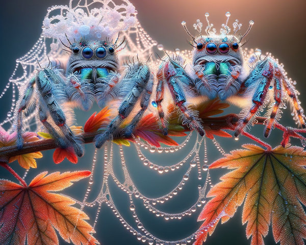 Bridal Spiders in Whimsical Attire on Vibrant Leaf