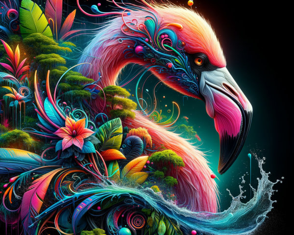 Stylized Flamingo with Floral Patterns and Dark Background