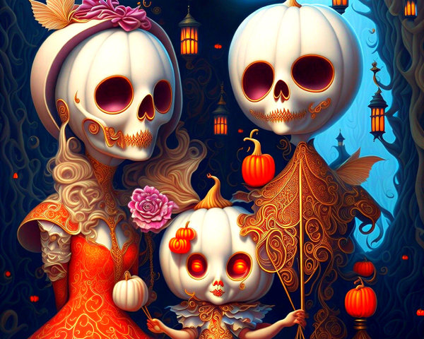 Pumpkin-Headed Figures in Autumnal Halloween Scene
