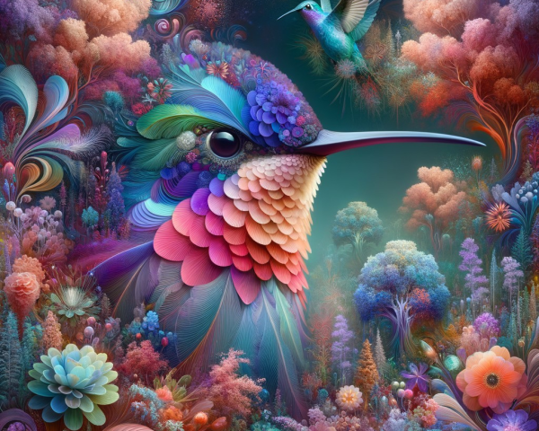 Vibrant Hummingbird in Colorful Floral Landscape
