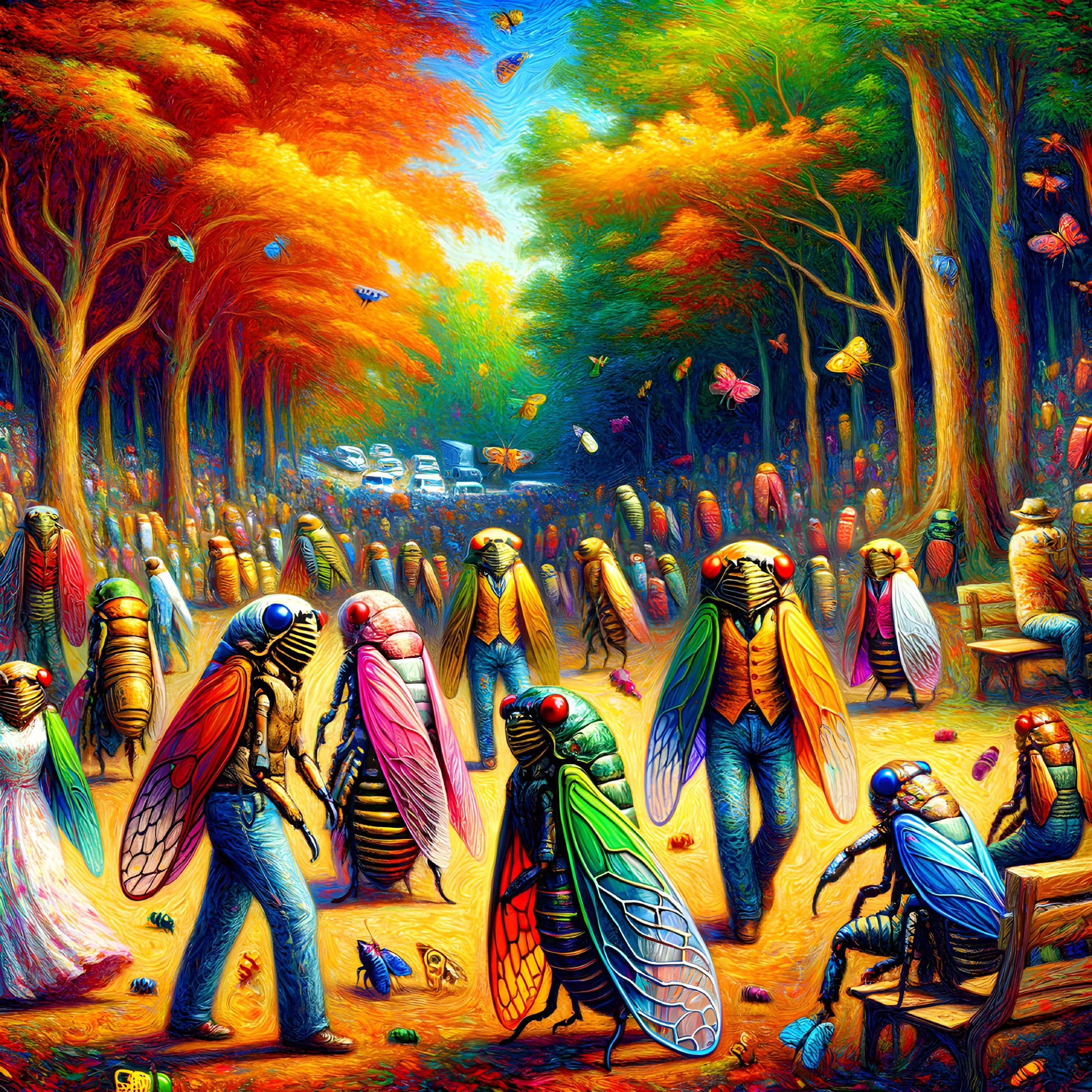 Anthropomorphic Insects in a Whimsical Forest Scene