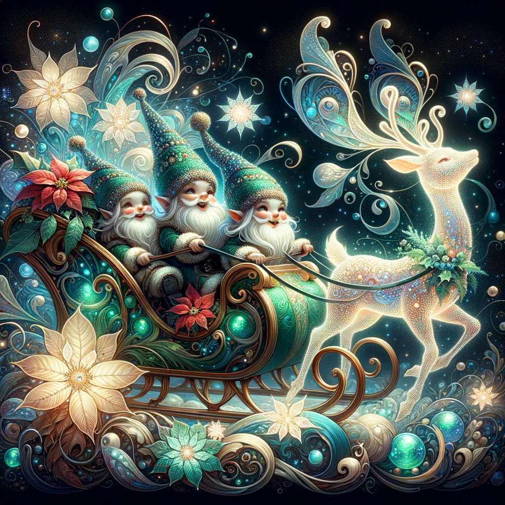 Gnomes in Ornate Sleigh Under Starry Holiday Sky