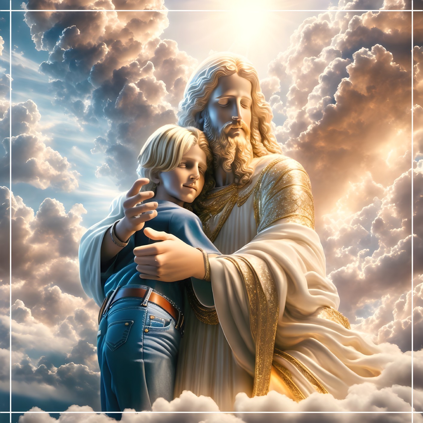 Digital artwork: Comforting figure embraces child against dramatic illuminated clouds