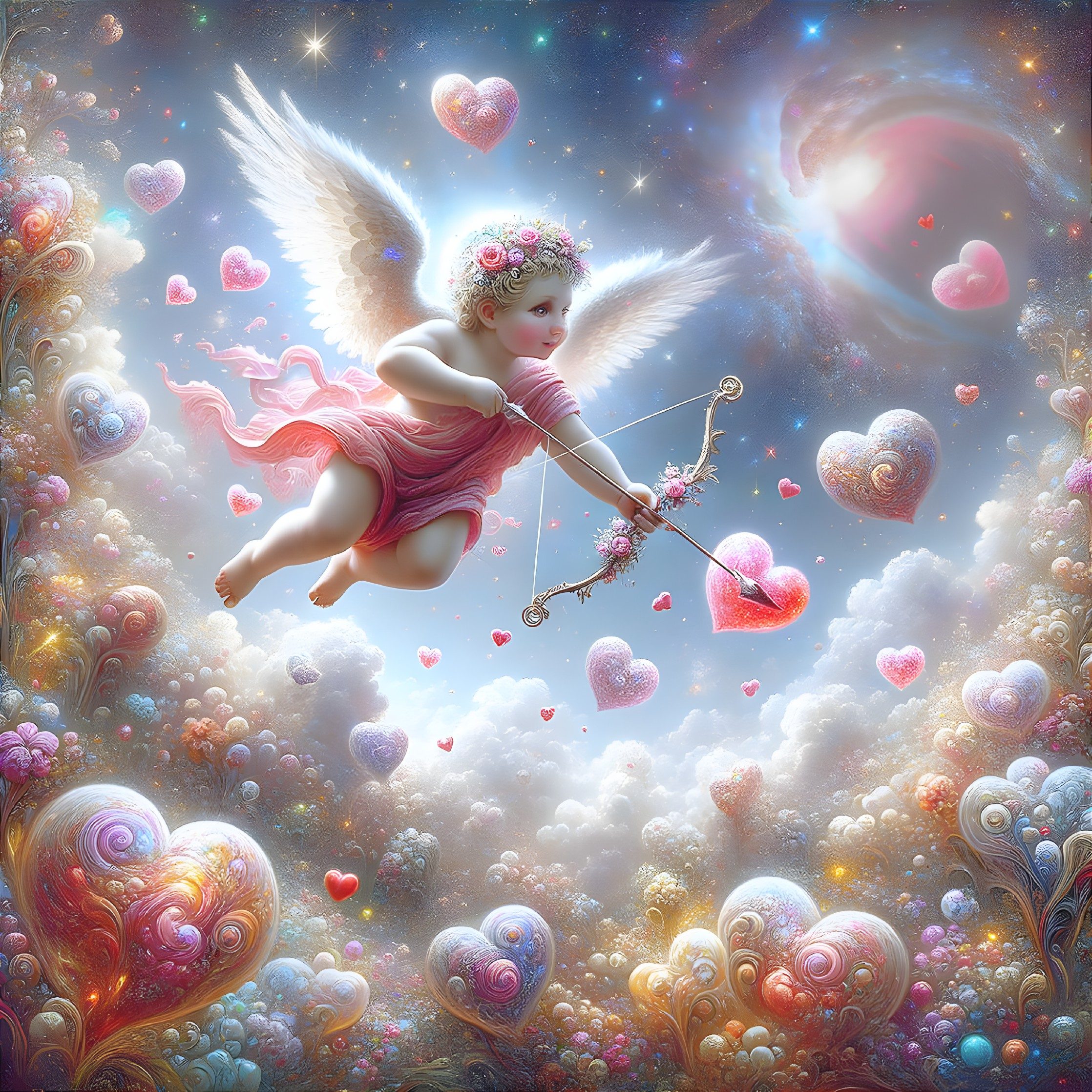 Cherubic Figure with Wings in Dreamy Heart Sky