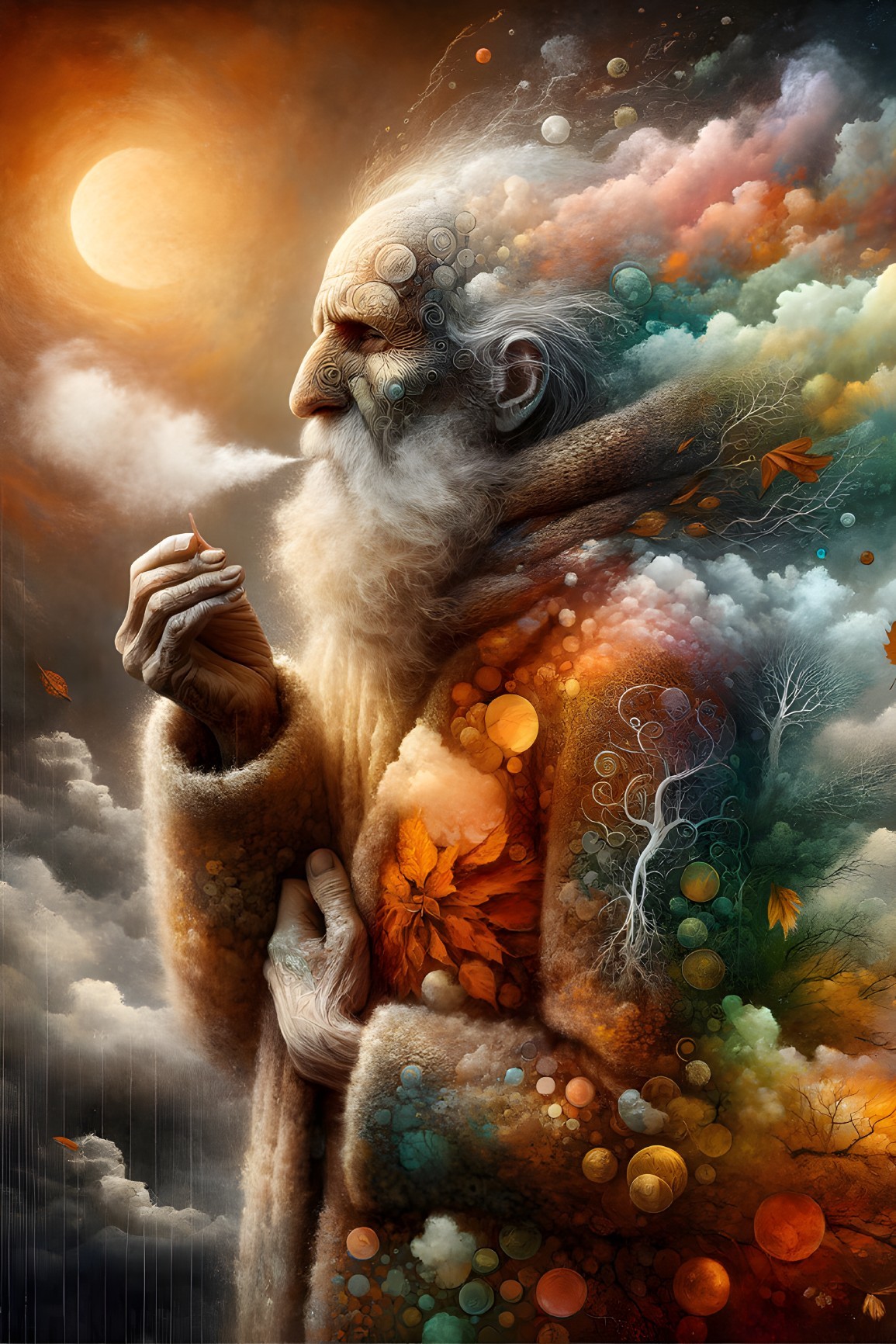 Elderly Figure in Nature with Colorful Swirls