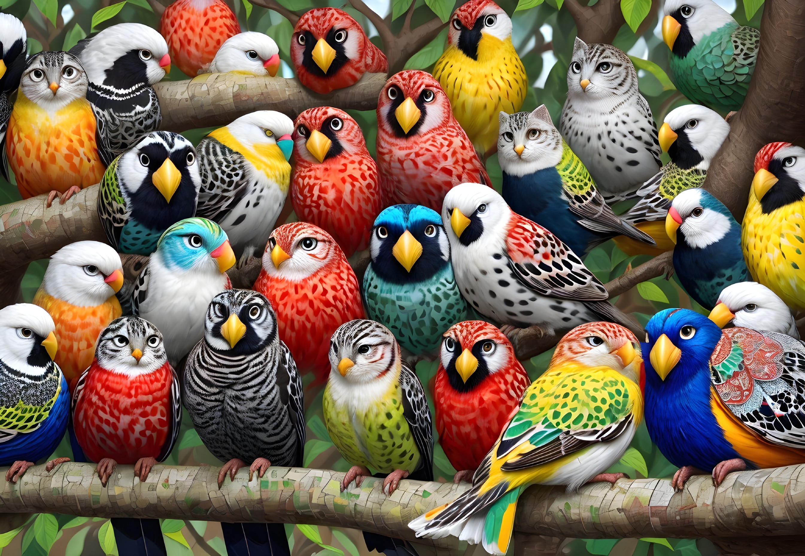 Colorful Birds Perched Among Lush Green Foliage