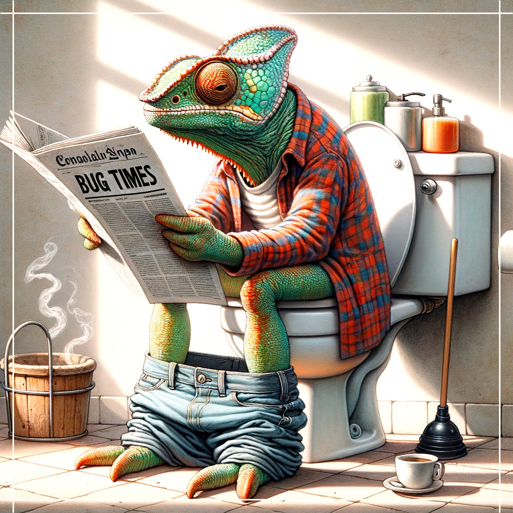 Cartoon Chameleon on Toilet Reading Bug Times Newspaper