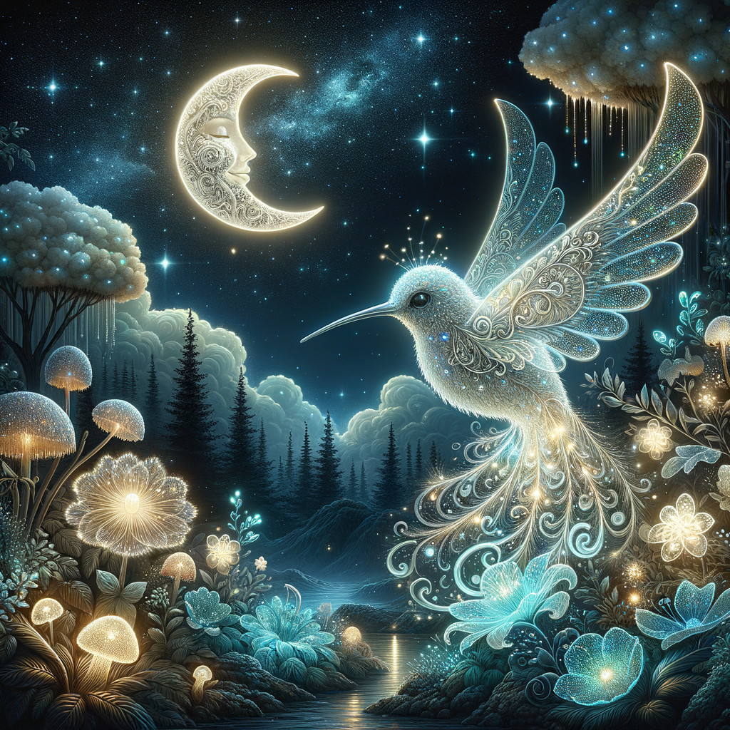 Ethereal Night Scene with Glowing Hummingbird and Moon