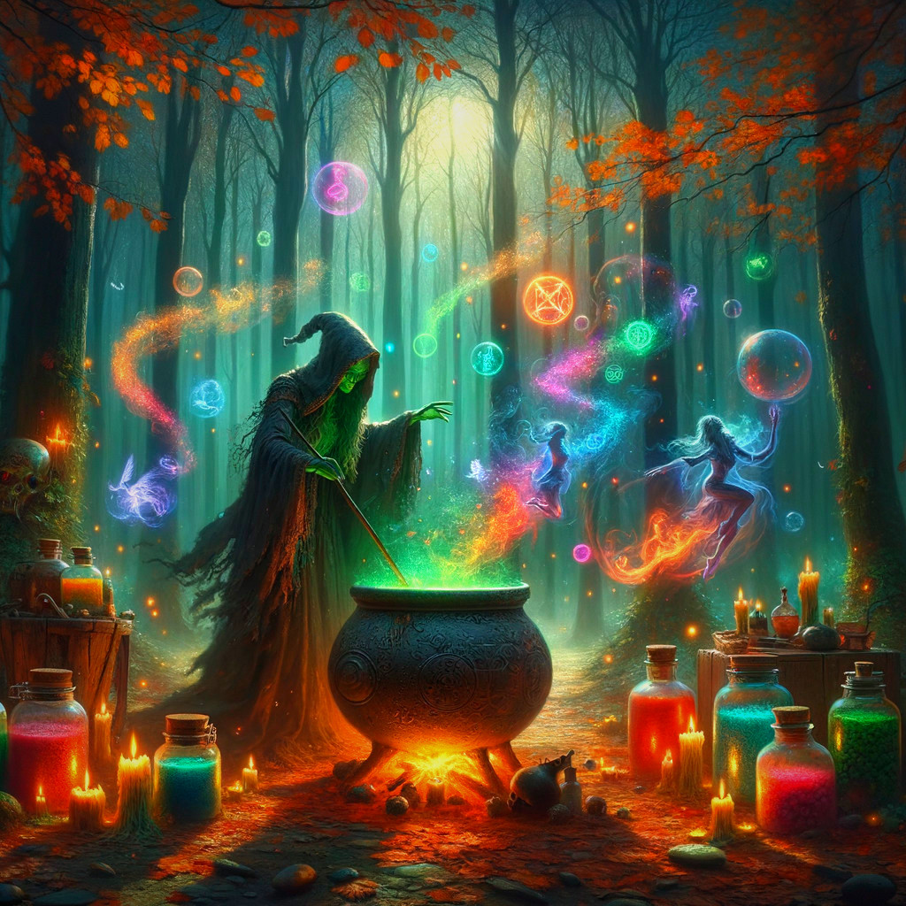 Mystical forest scene with cloaked figure and cauldron