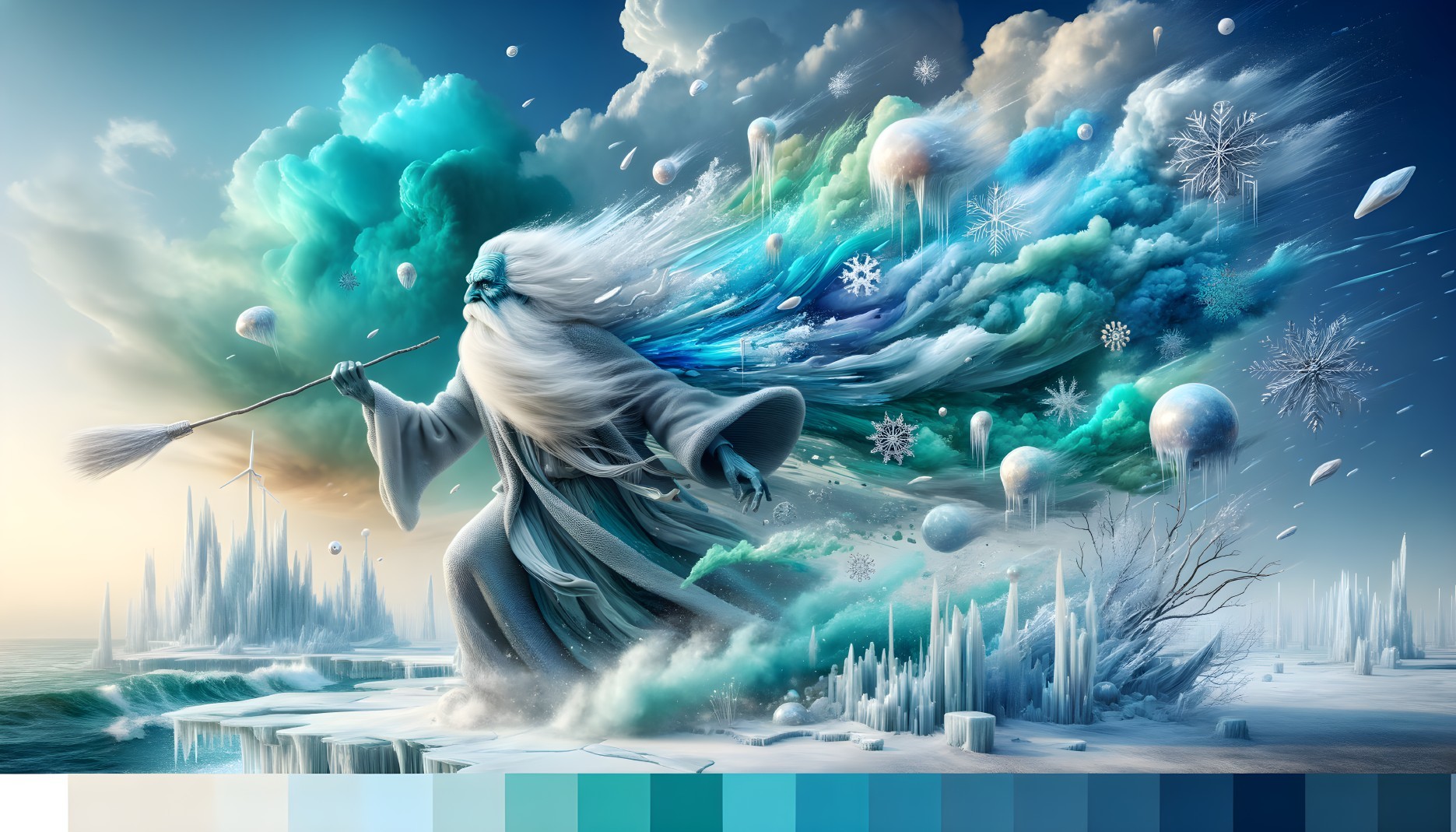Winter wizard creates vibrant blizzard in mystical ice landscape