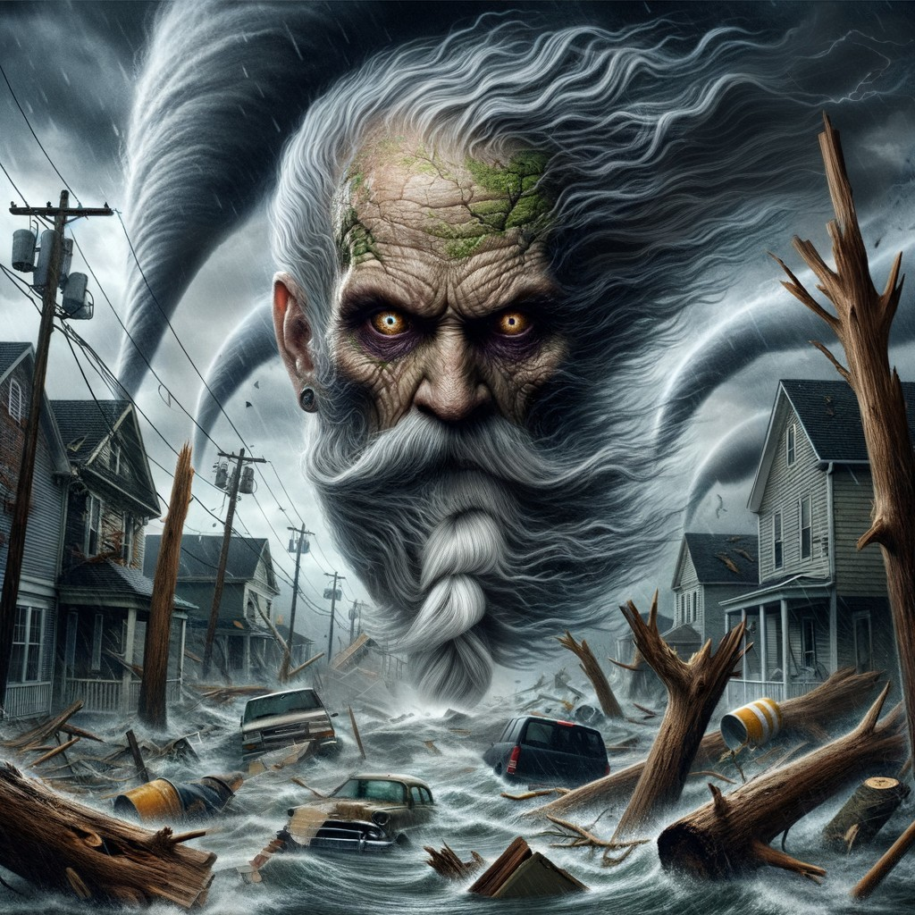 Bearded Figure in Storm Amidst Devastated Landscape