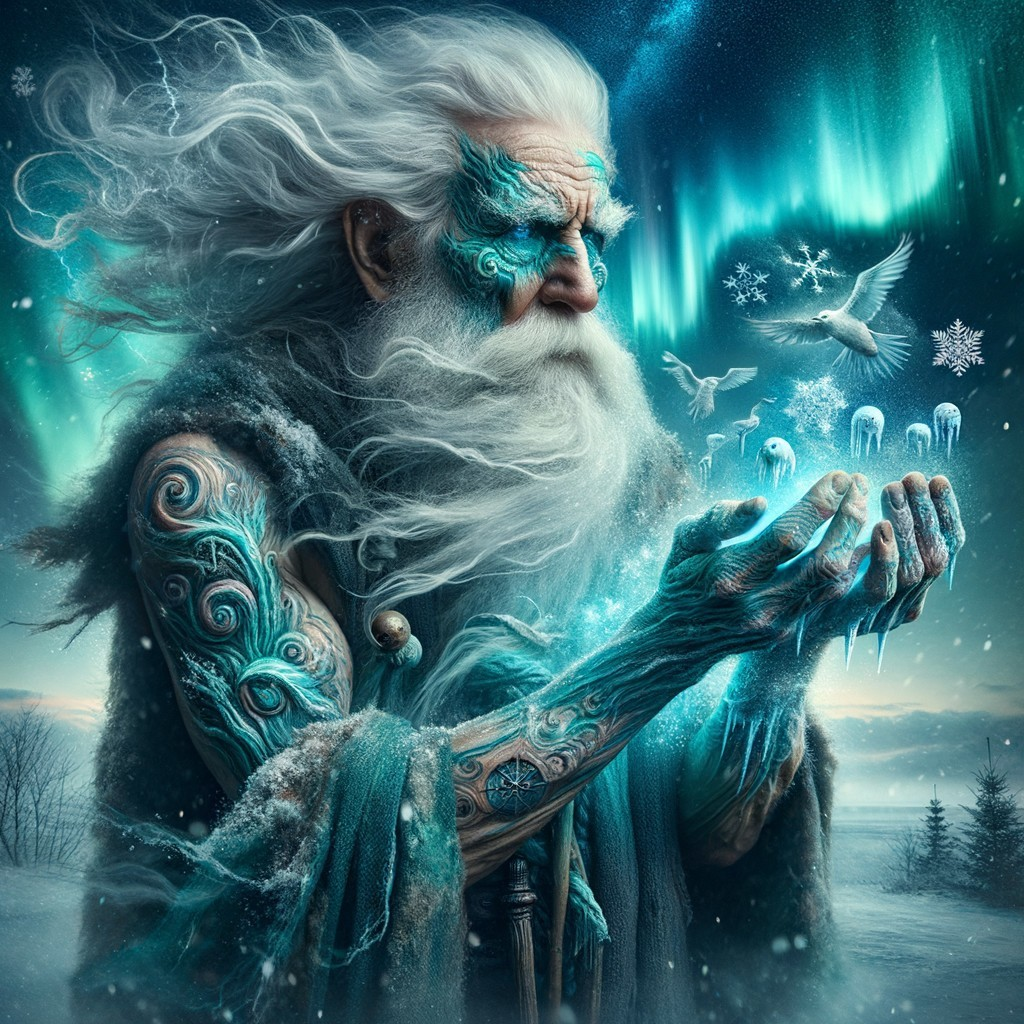 Ancient Figure with Ice Crystals and Northern Lights