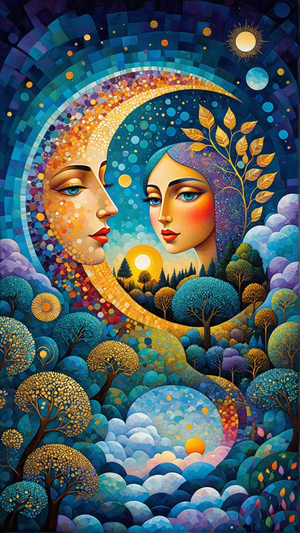 Surreal Scene of Intertwined Faces in Moon and Sun