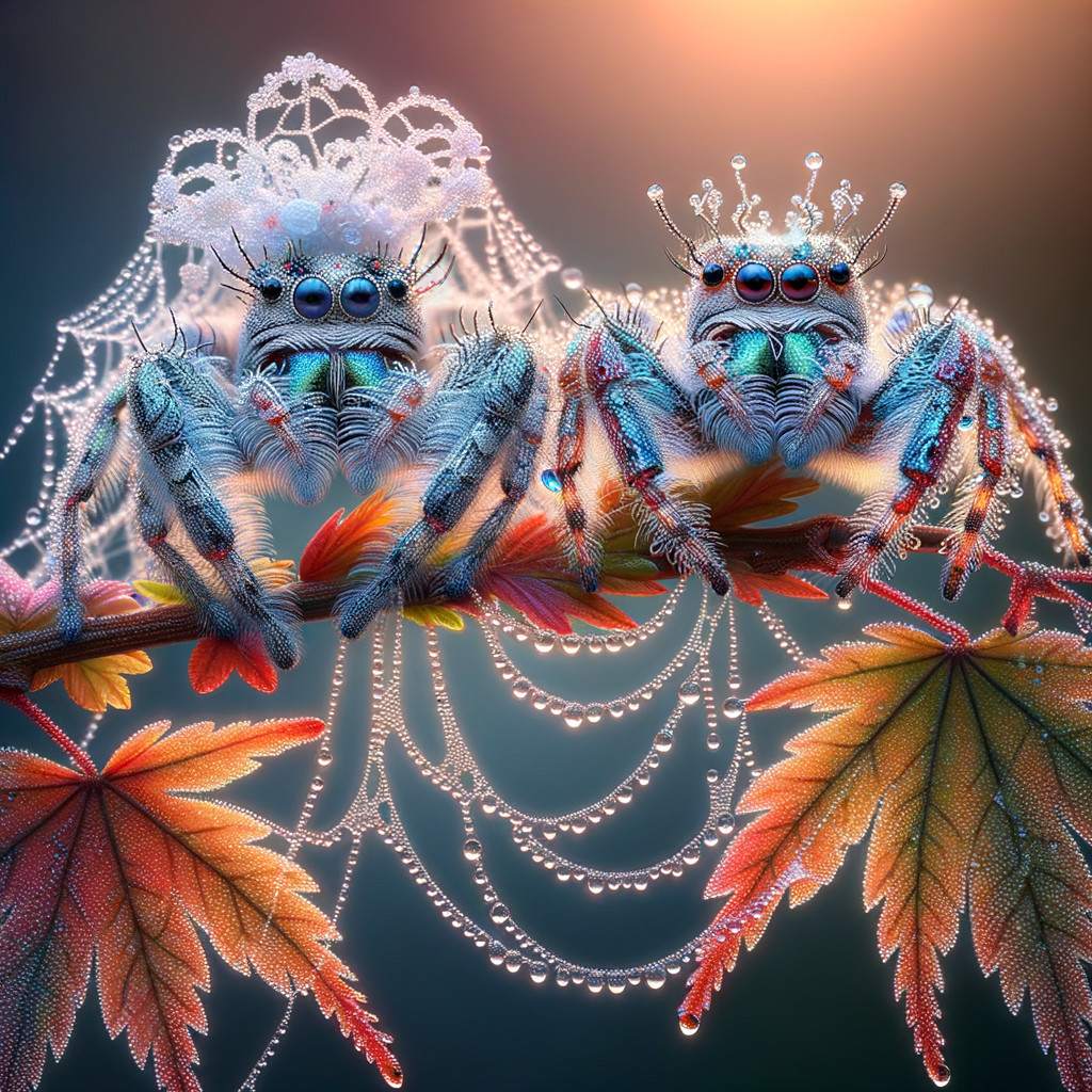 Bridal Spiders in Whimsical Attire on Vibrant Leaf