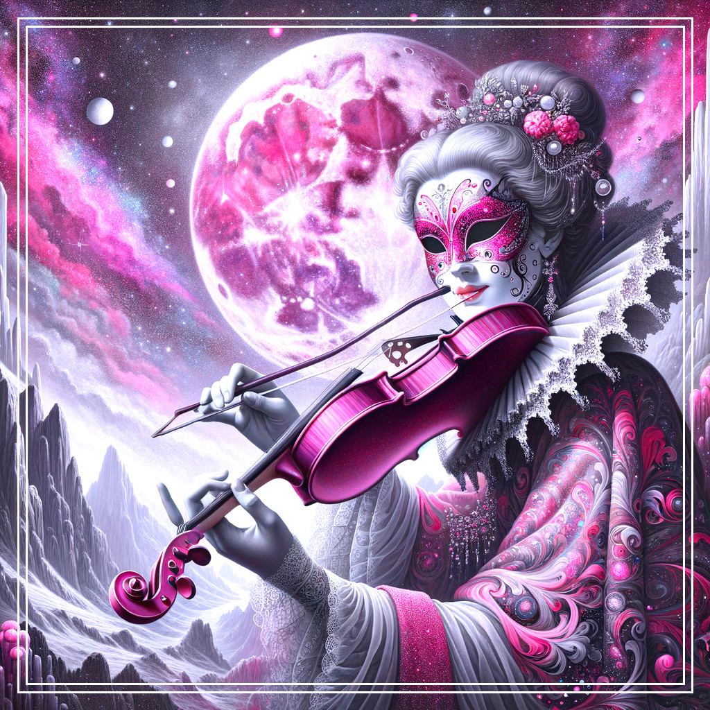Intricate Figure with Mask Playing Violin Under Moon