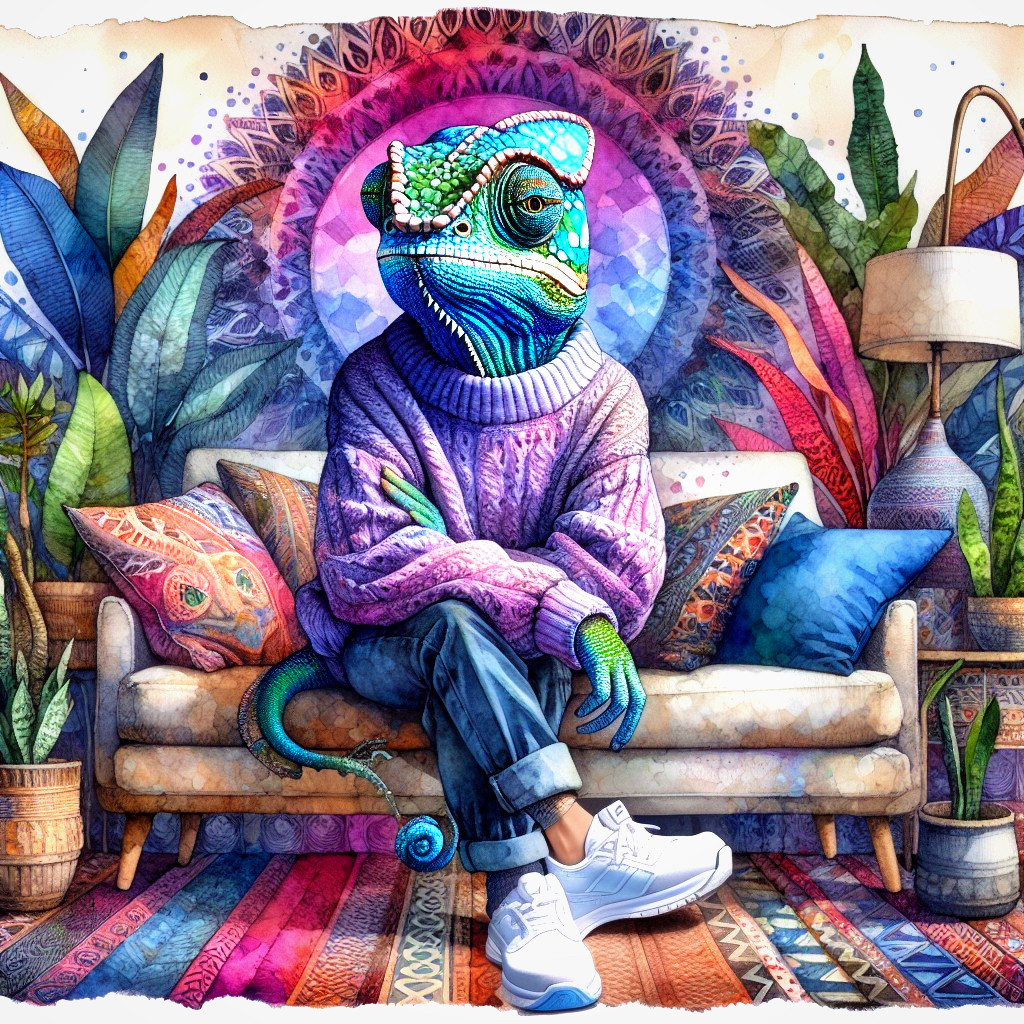 Chameleon with Human Body on Cozy Couch Illustration