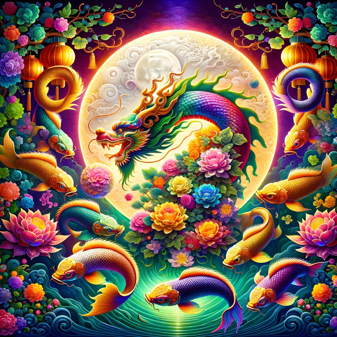Vibrant Dragon and Koi Fish Illustration with Lanterns