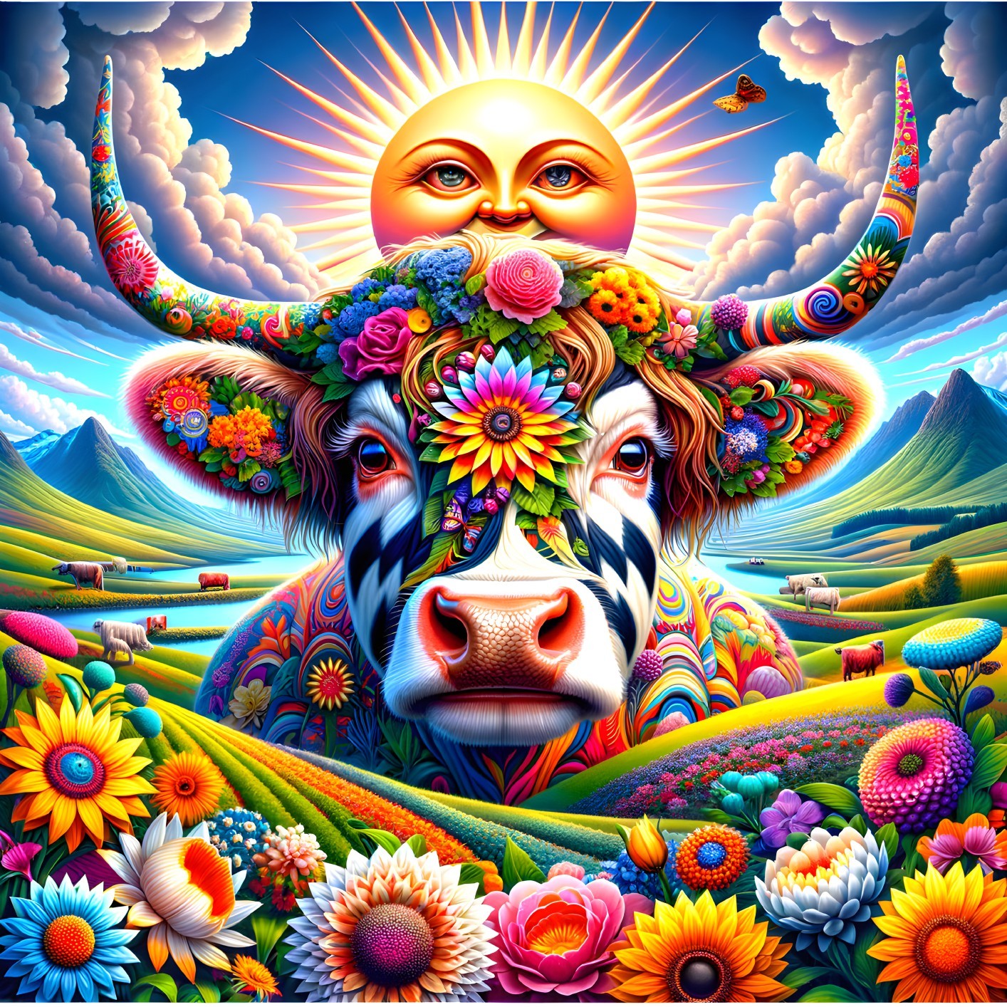 Vibrant Landscape with Colorful Floral Cow and Sun