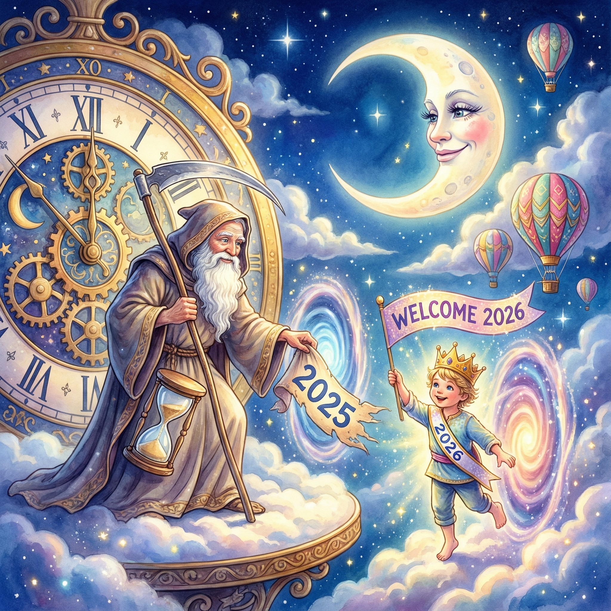 Fantastical New Year's Illustration of Father Time and Baby New Year