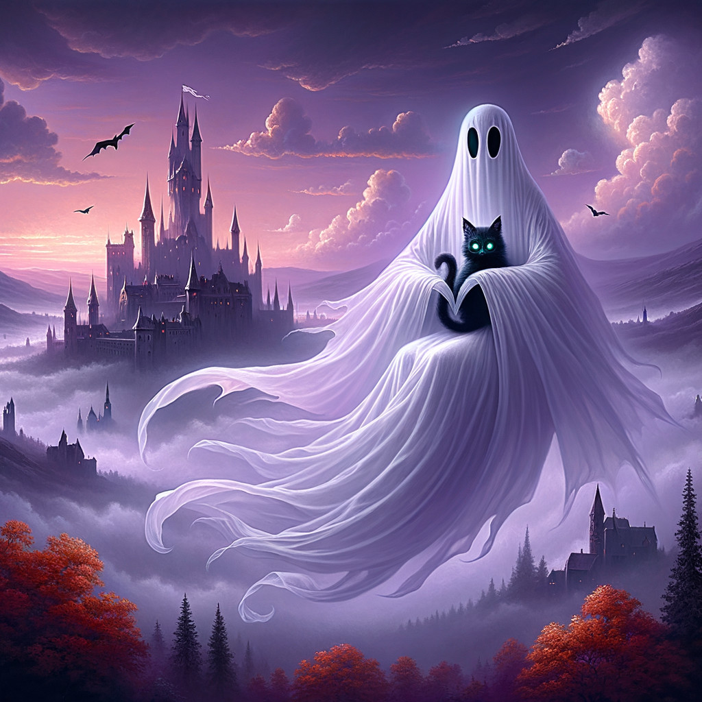 Whimsical Ghost and Cat in a Misty Castle Scene